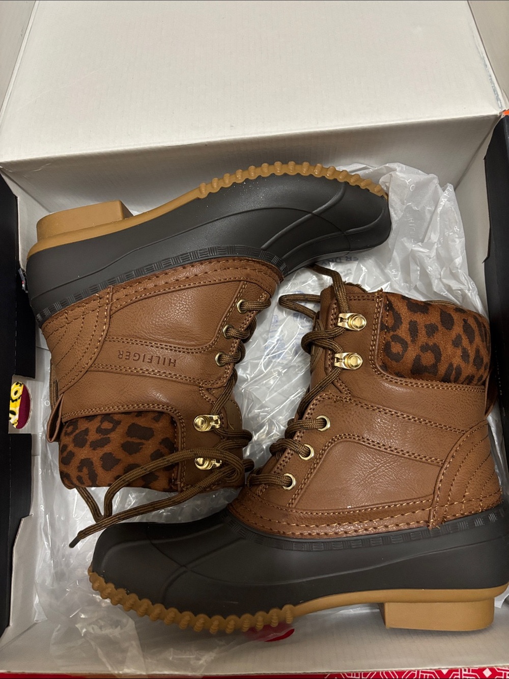Tommy Hilfiger Tan Brown Duck Boots with Leopard-Accent Collar